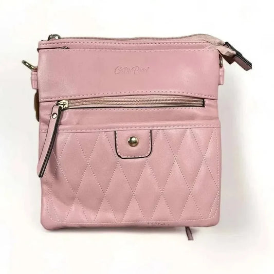 Pink PU leather sling bag with adjustable strap and lattice detailing
