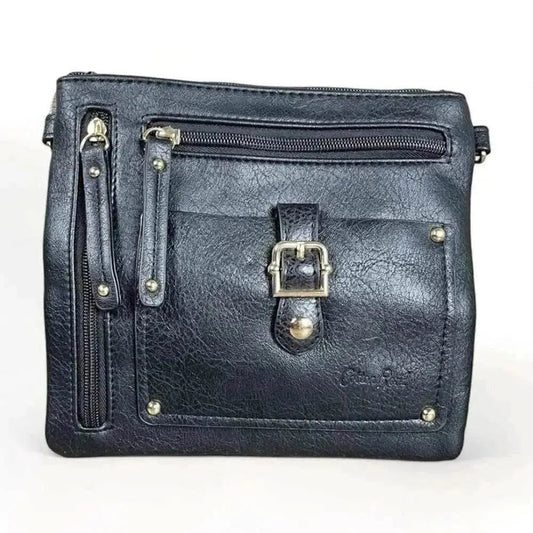 Black PU leather sling bag with adjustable strap and multiple zip compartments