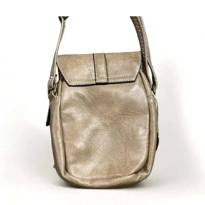 Tan PU leather sling bag with double zip pouches and adjustable strap