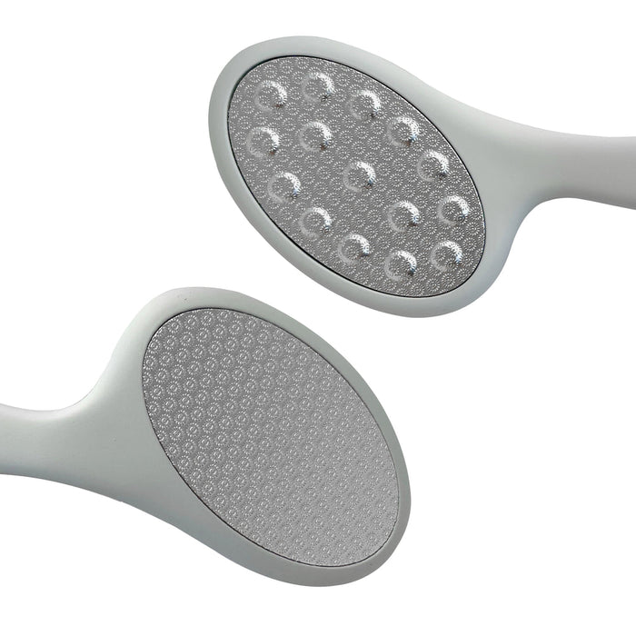 Close-up of a sleek gray foot care tool with dual textured surfaces designed for exfoliating and smoothing skin, part of the Smooth Things Over | Barefoot Scientist collection.