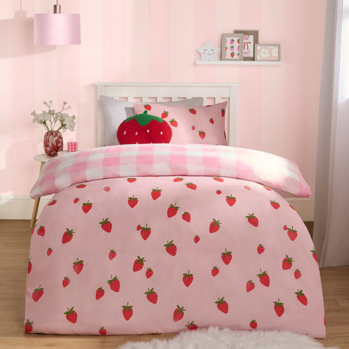 Strawberry Gingham Print Reversible Duvet Set - Pink 🇬🇧