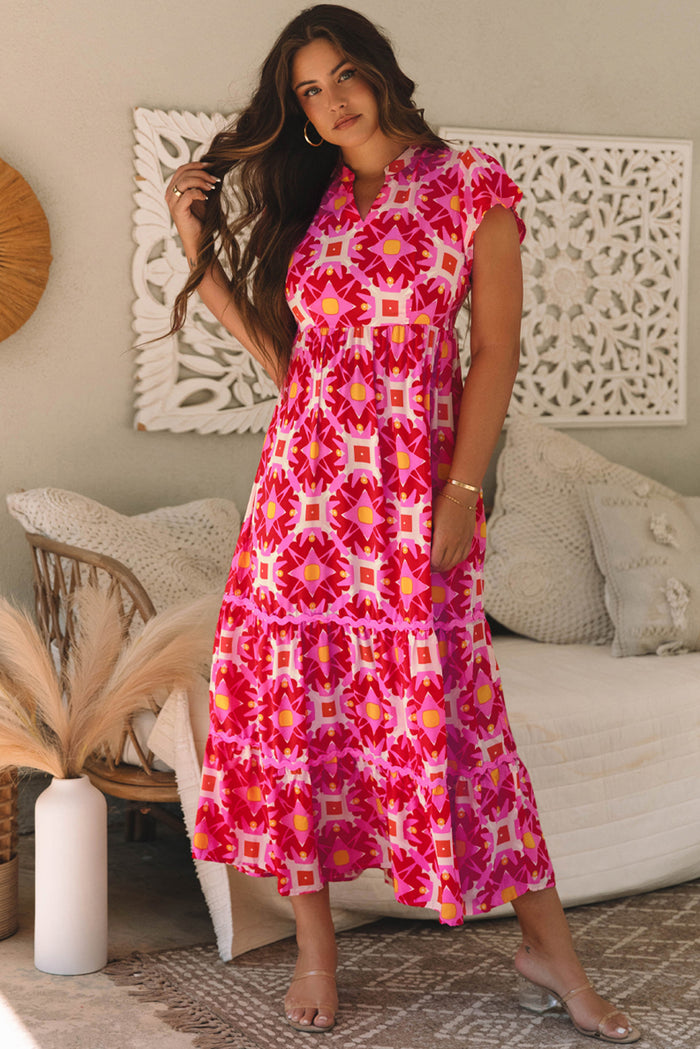 Strawberry Pink Geo Print V-neck Maxi Dress 🇺🇸