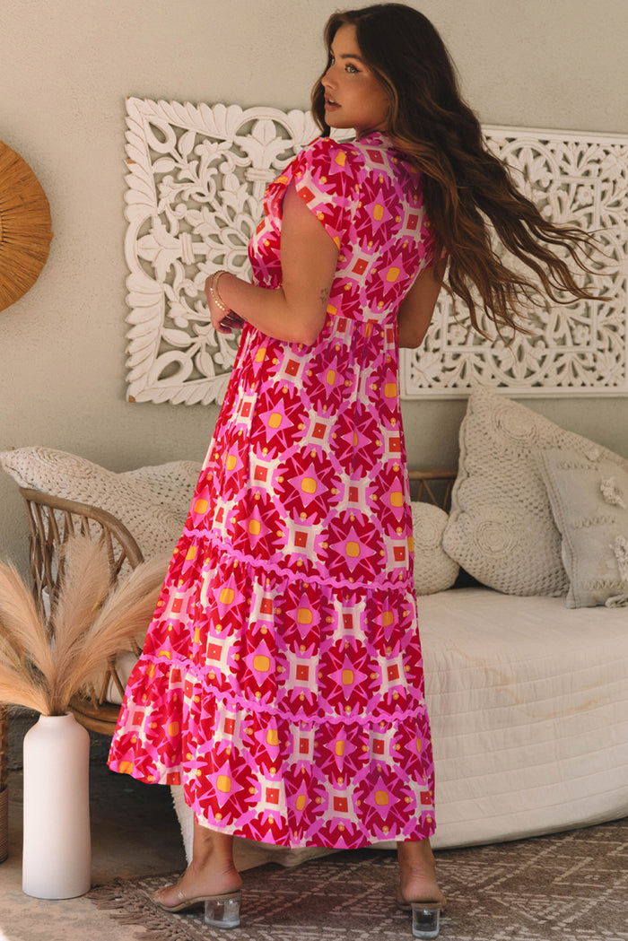 Strawberry Pink Geo Print V-neck Maxi Dress 🇺🇸