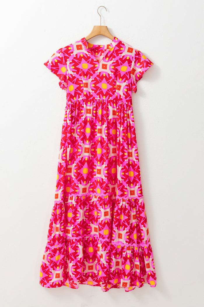 Strawberry Pink Geo Print V-neck Maxi Dress 🇺🇸
