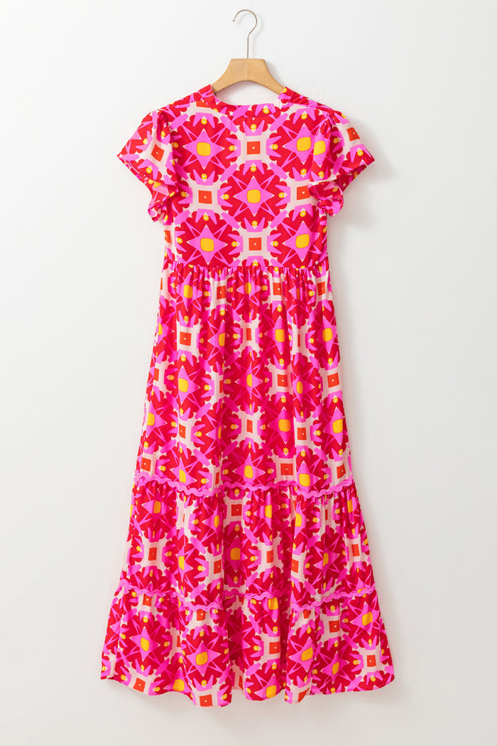 Strawberry Pink Geo Print V-neck Maxi Dress 🇺🇸