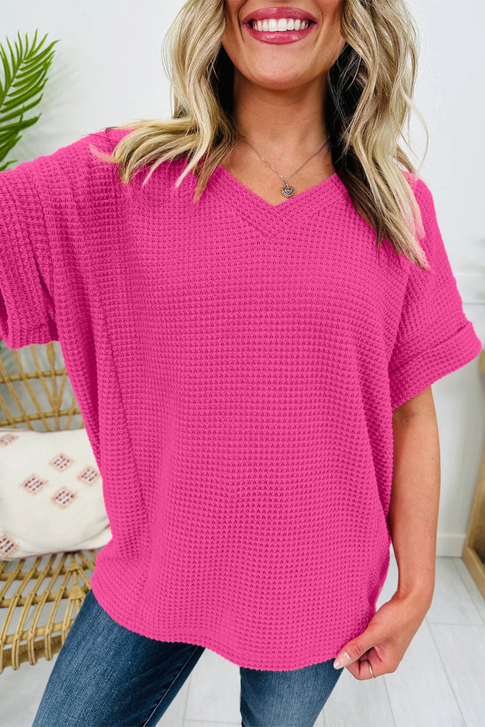 Strawberry Pink Waffle V Neck Short Sleeve Knit Top 🇺🇸