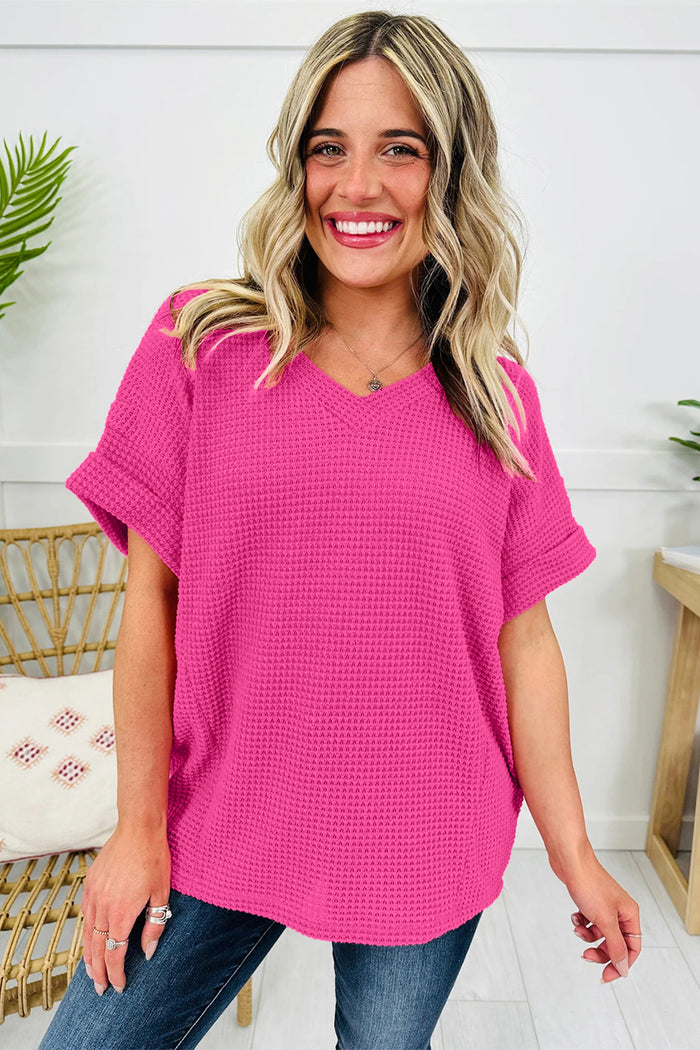Strawberry Pink Waffle V Neck Short Sleeve Knit Top 🇺🇸