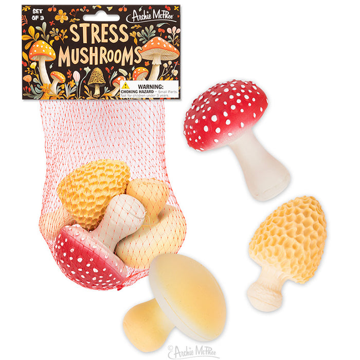 Set of three Stress Mushrooms in a net bag featuring spongy red, yellow, and white designs made from soft rubber.