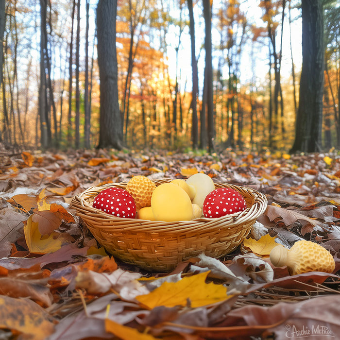 A wicker basket filled with colorful Stress Mushrooms sits on a forest floor covered with autumn leaves.