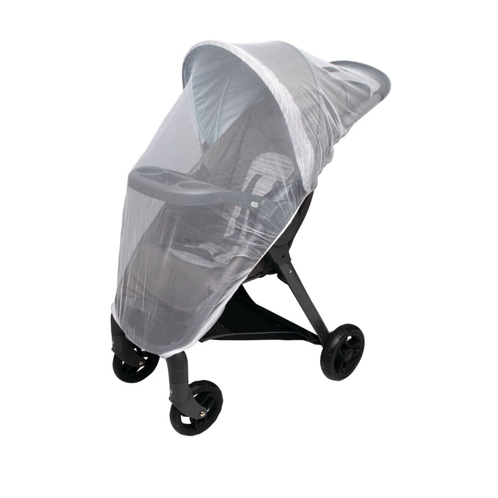 Stroller Insect Netting | White: A transparent white mosquito net for strollers covers a baby stroller, shown on a white background.