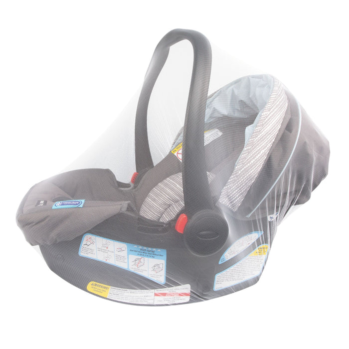 White Stroller Insect Netting protects your baby from bugs. Features a carrying handle, safety instruction labels on the gray base, plus light blue and patterned padding for comfort. Fits most infant car seats and strollers.