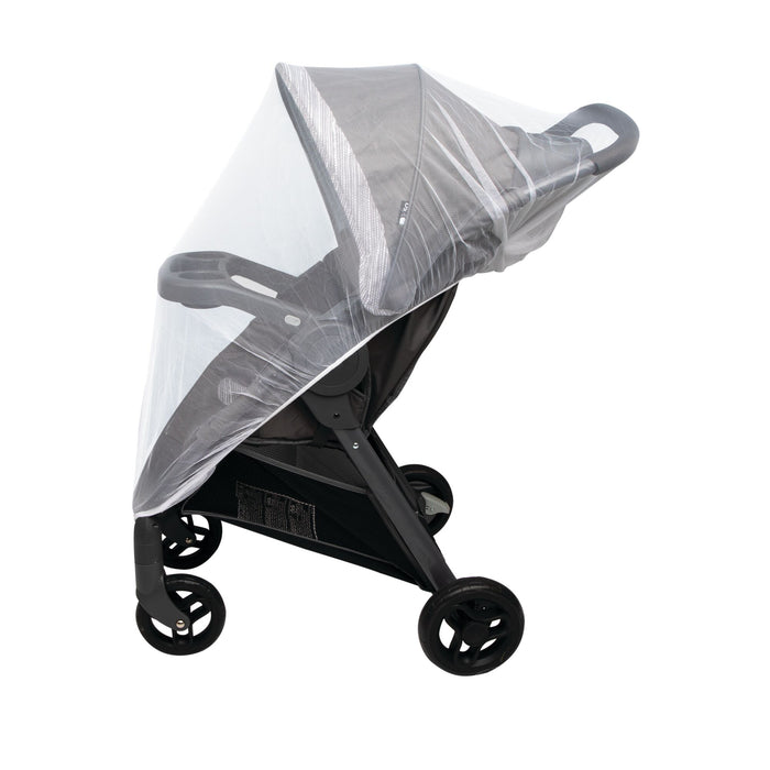 The Stroller Insect Netting | White is a transparent mesh that drapes over any black baby stroller, protecting your child from insects while maintaining airflow and visibility.