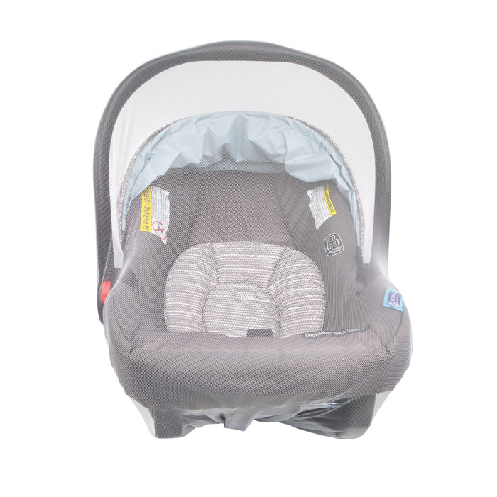 A gray infant car seat features a padded interior and is protected by the Stroller Insect Netting in white, providing added safety with transparent coverage.