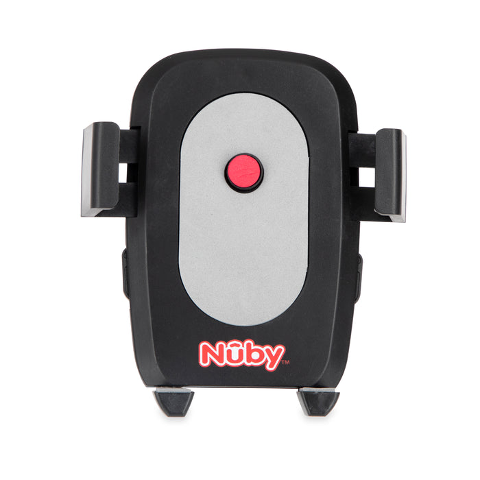 The Stroller Phone Holder by Nuby features black and gray colors, a central red button, adjustable side grips, and the Nuby logo in red and white at the bottom—ideal as a stroller accessory or phone mount.