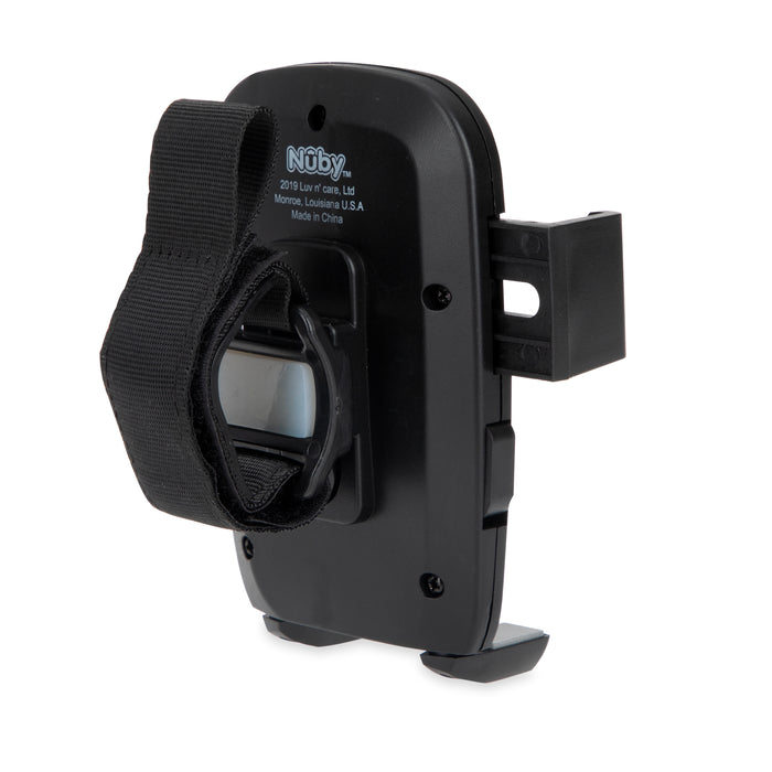 The Stroller Phone Holder is a black plastic accessory with a large adjustable strap and rectangular clip labeled "Nuby." It securely attaches to strollers or other surfaces to hold your phone or small items.