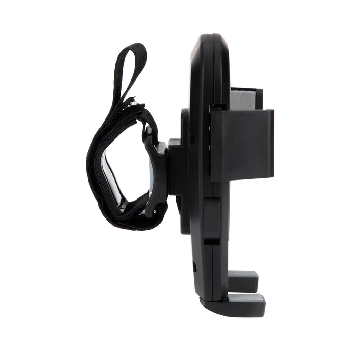 A side view of the Stroller Phone Holder, made of black plastic with an adjustable strap and clamps, shown isolated on a white background.