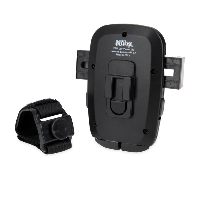 A black Stroller Phone Holder with clip and adjustable side arms is displayed beside a black Velcro-closure strap, both set on a white background.