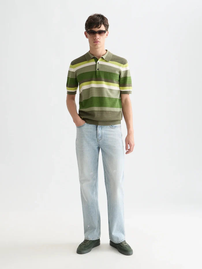 Structured Striped Knitted Polo Garden Green Stripe