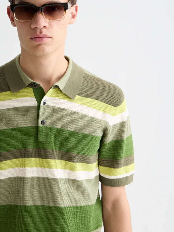 Structured Striped Knitted Polo Garden Green Stripe