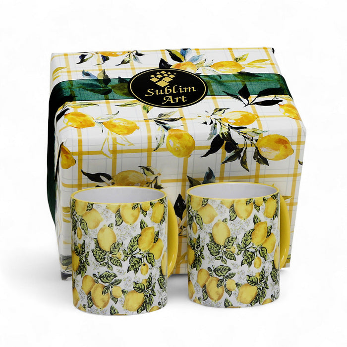SUBLIMART: Boxed Set of 2 Italian Style Ceramic Mugs with Positano Lemon Design