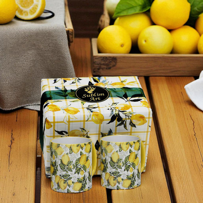 SUBLIMART: Boxed Set of 2 Italian Style Ceramic Mugs with Positano Lemon Design