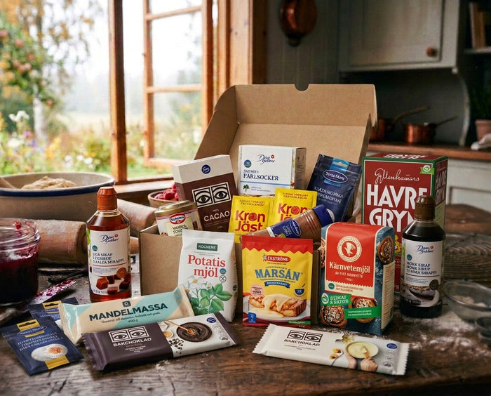 Swedish Baking Box – Large open on a rustic wooden kitchen table showing Kungsörnen flour, Gyllenhammars oats, Dan Sukker pearl sugar, Fazer Ögon Cacao, Dr. Oetker vanilla sugar, KronJäst dry yeast, Santa Maria cardamom, Garant Mandelmassa, Dansukker syrup and Fazer baking chocolate, with baking tools and a garden window in the background
