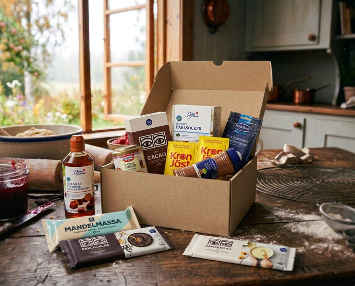 Swedish Baking Box – Medium open on a rustic wooden kitchen table showing Dan Sukker pearl sugar, Fazer Ögon Cacao, Dr. Oetker vanilla sugar, KronJäst dry yeast, Santa Maria cardamom, Garant Mandelmassa, Dansukker light syrup and Fazer baking chocolate, with baking tools and a garden window in the background