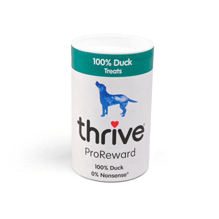 White background with a single tube of 'Thrive ProReward' dog treats, text on tube also says '100% Duck, 0% Nonsense' with a silhouette of a large dog pictured.