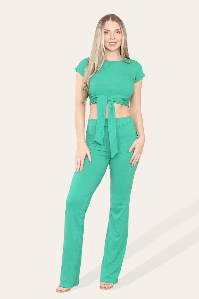 Tie Belt Front Cropped Loungewear Ribbed Trousers Set 🇬🇧