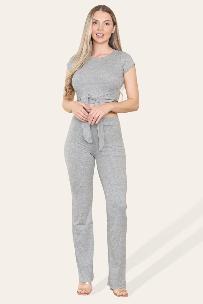 Tie Belt Front Cropped Loungewear Ribbed Trousers Set 🇬🇧