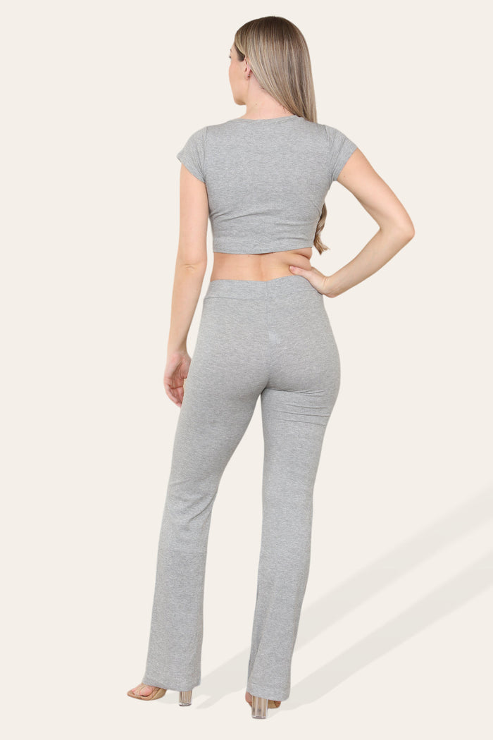 Tie Belt Front Cropped Loungewear Ribbed Trousers Set 🇬🇧