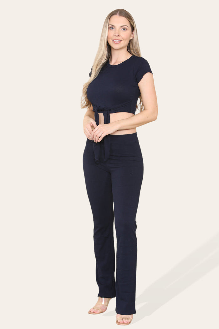 Tie Belt Front Cropped Loungewear Ribbed Trousers Set 🇬🇧