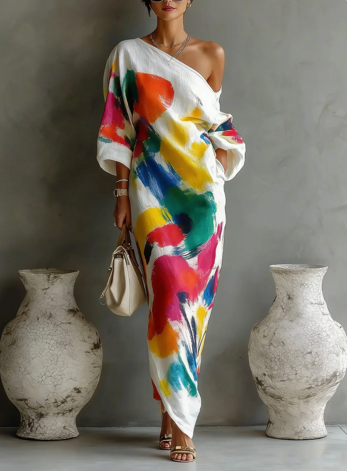 Tirevyn - Robe maxi femme asymétrique à une épaule imprimé artistique