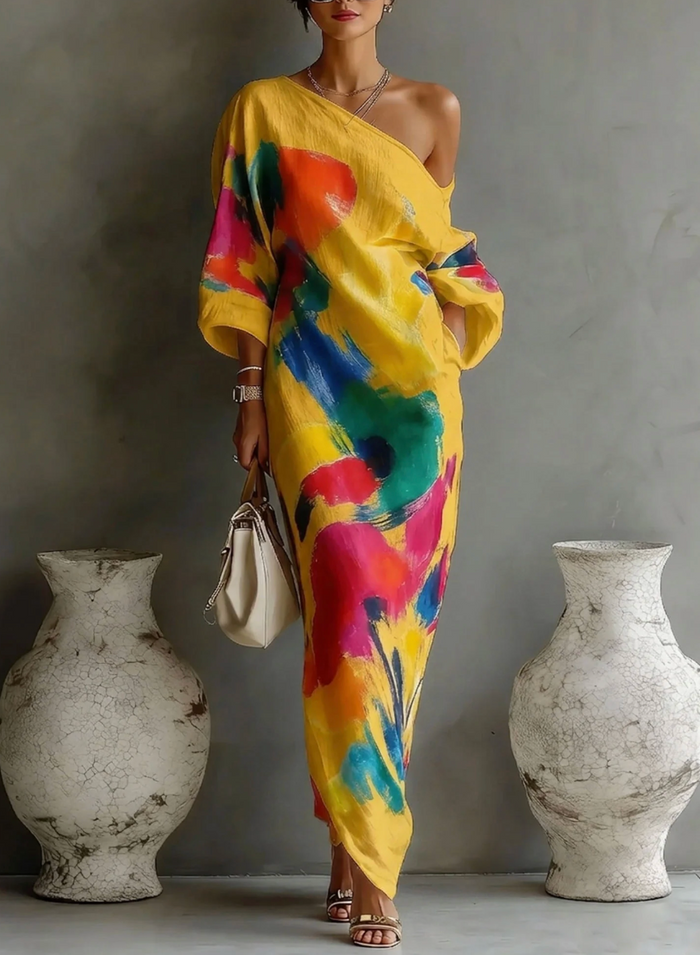 Tirevyn - Robe maxi femme asymétrique à une épaule imprimé artistique