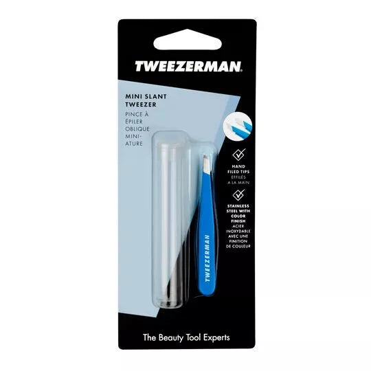 Tweezerman Mini Slant Tweezer in Blue Bahama, precision beauty tool for shaping eyebrows and removing stray hairs.
