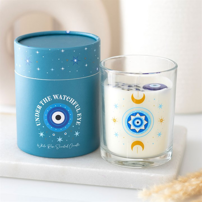 Under Watchful Eyes White Rose Candle with Crystals 🇬🇧