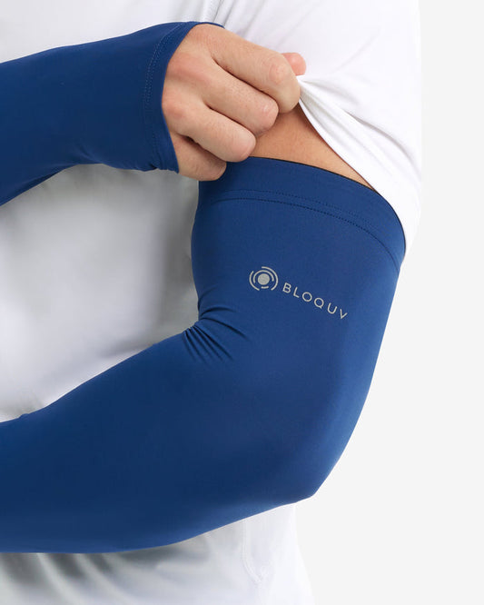 Blue arm sleeve with 'BLOOOUV' logo worn by a person on a white background