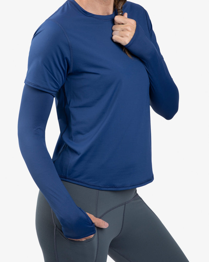 Women wearing navy color unisex sleeves with short sleeve navy crew shirt. (Style 5005) - BloqUV