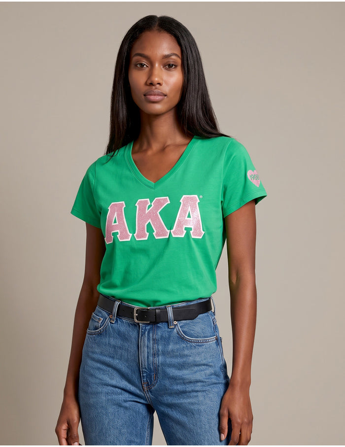 V-Neck Glitter Letters Tee