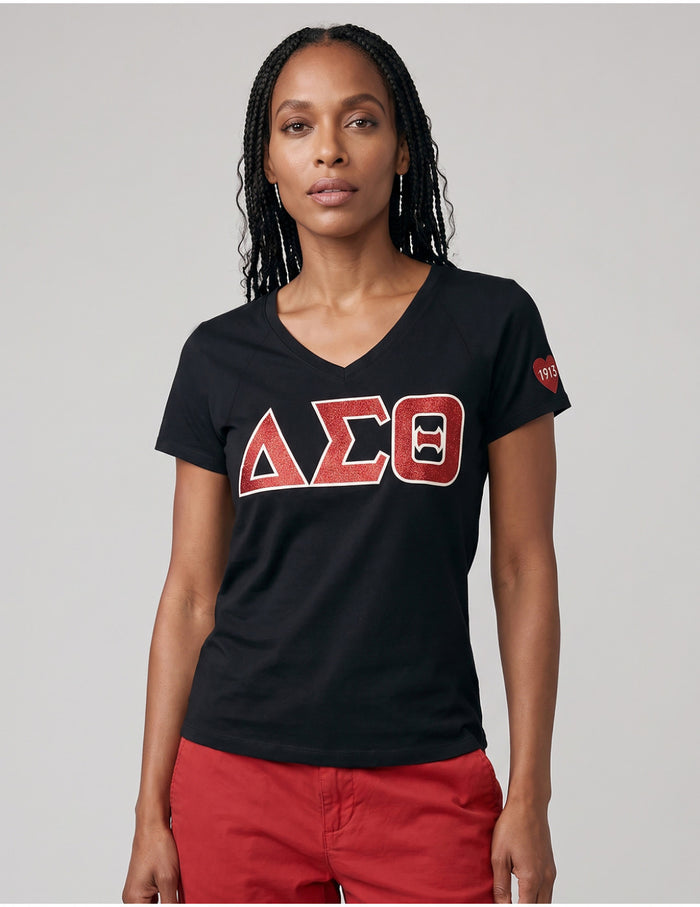 V-Neck Glitter Letters Tee
