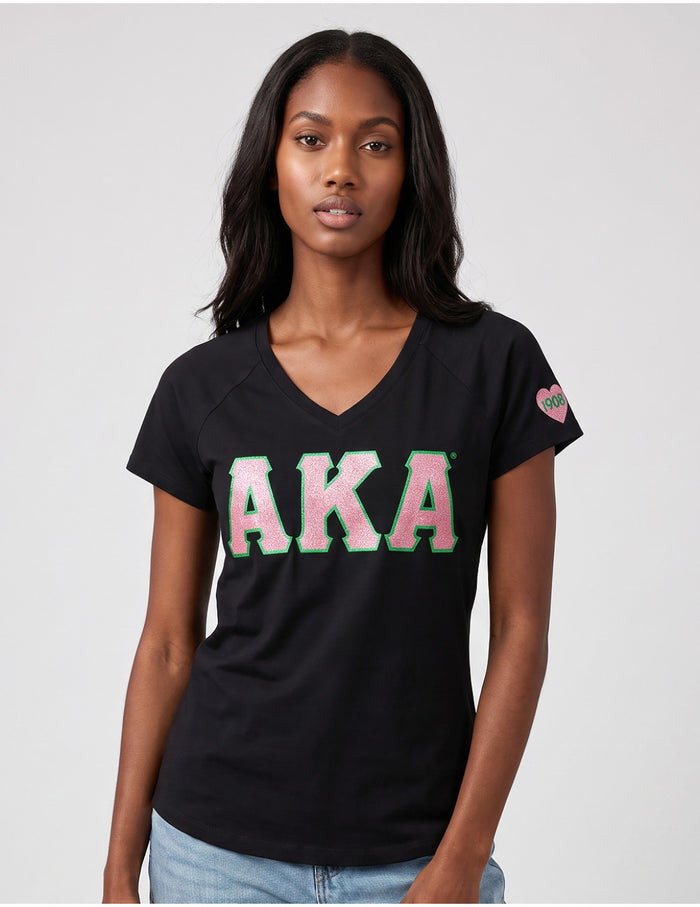 V-Neck Glitter Letters Tee