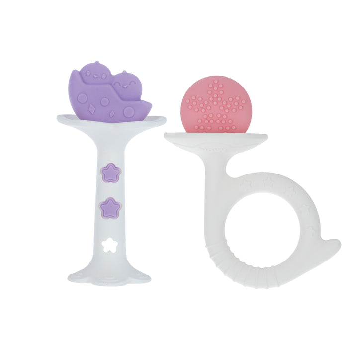 The Nuby Wand and Tuba Teether Set includes a purple boat-shaped silicone teether with star designs and a pink textured round teether with a white ring handle, both offering safe, sturdy relief for babies.