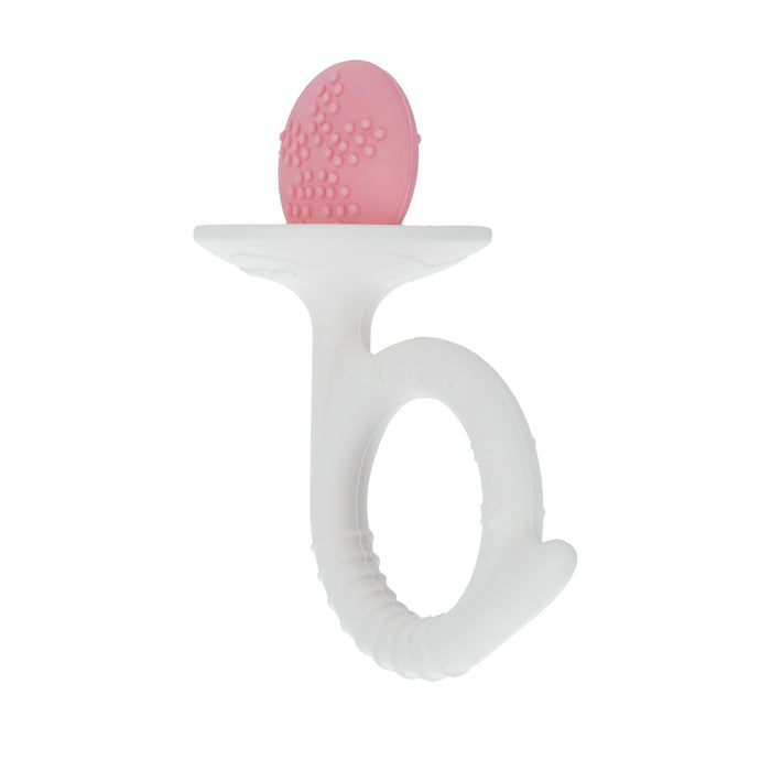 The Nuby Wand and Tuba Teether Set in purple and pink features soft silicone bristles and an easy-grip handle, making it ideal for infants as a toothbrush and gentle teether for safe, soothing relief.