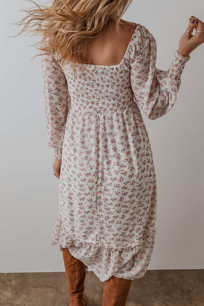 White Floral Print Shirred Ruffled Hem Square Neck Midi Dress 🇺🇸