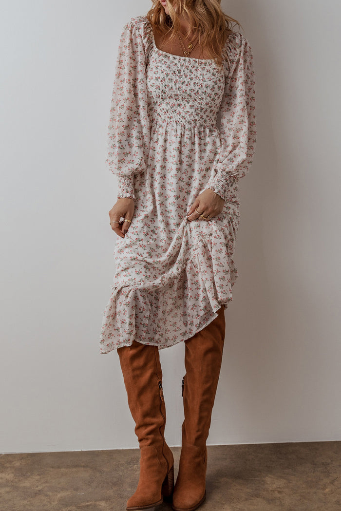 White Floral Print Shirred Ruffled Hem Square Neck Midi Dress 🇺🇸