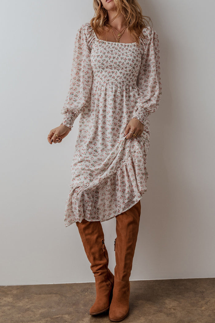 White Floral Print Shirred Ruffled Hem Square Neck Midi Dress 🇺🇸