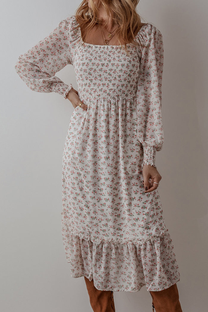White Floral Print Shirred Ruffled Hem Square Neck Midi Dress 🇺🇸