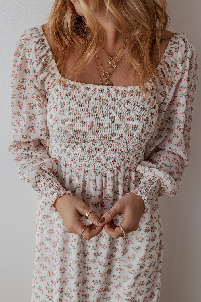 White Floral Print Shirred Ruffled Hem Square Neck Midi Dress 🇺🇸