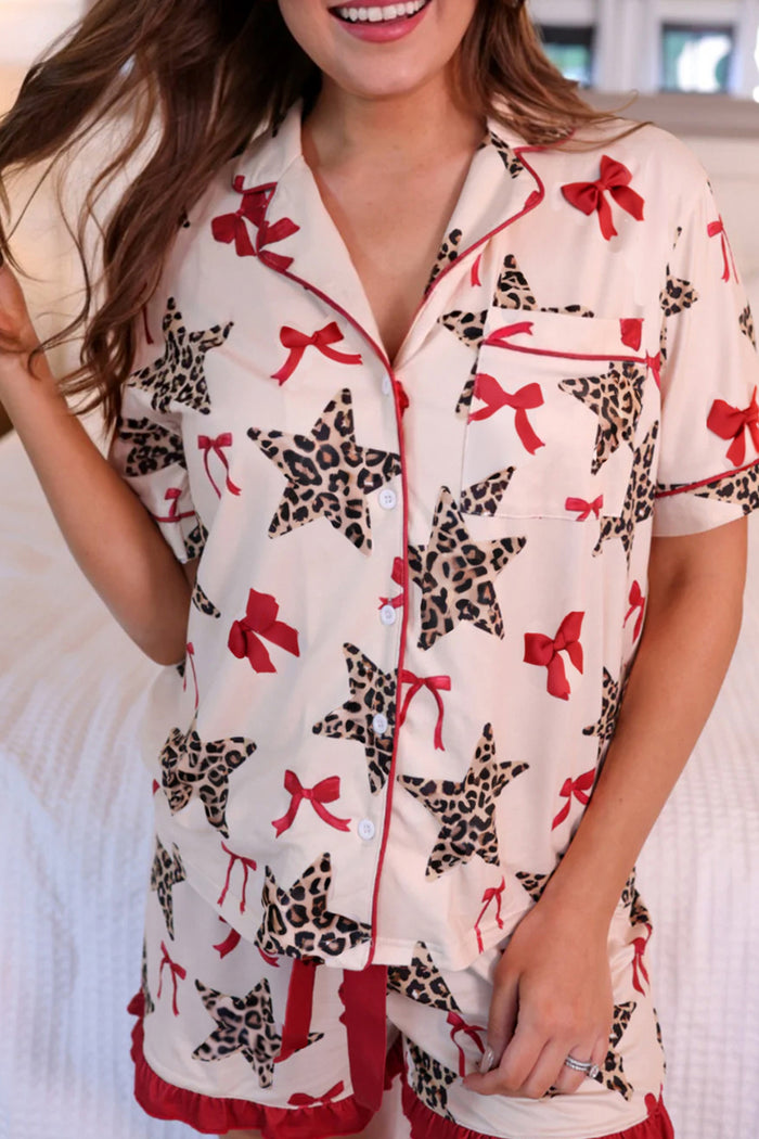 White Leopard Star Ribbon Bow Print Contrast Trim Short Pajama Set 🇺🇸
