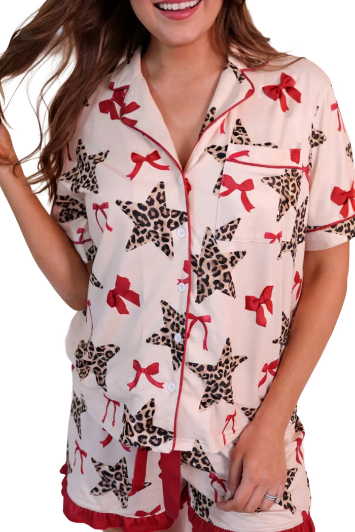 White Leopard Star Ribbon Bow Print Contrast Trim Short Pajama Set 🇺🇸